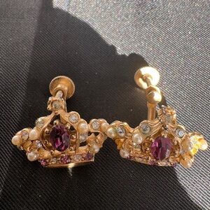 Vintage Rhinestone Crown Screw Back Earrings Mid-Century